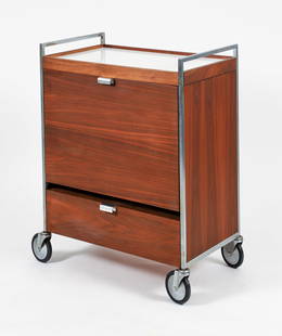 George Nelson for Sears Refrigerated Bar Cart: Nelson, George, for Sears, Bar Cart with built in Coldspot Thermoelectric Cooler-Warmer, 1960s, walnut, white laminate top and pull out drawer, metal rails and pulls, on 4 casters, storage drawer unde