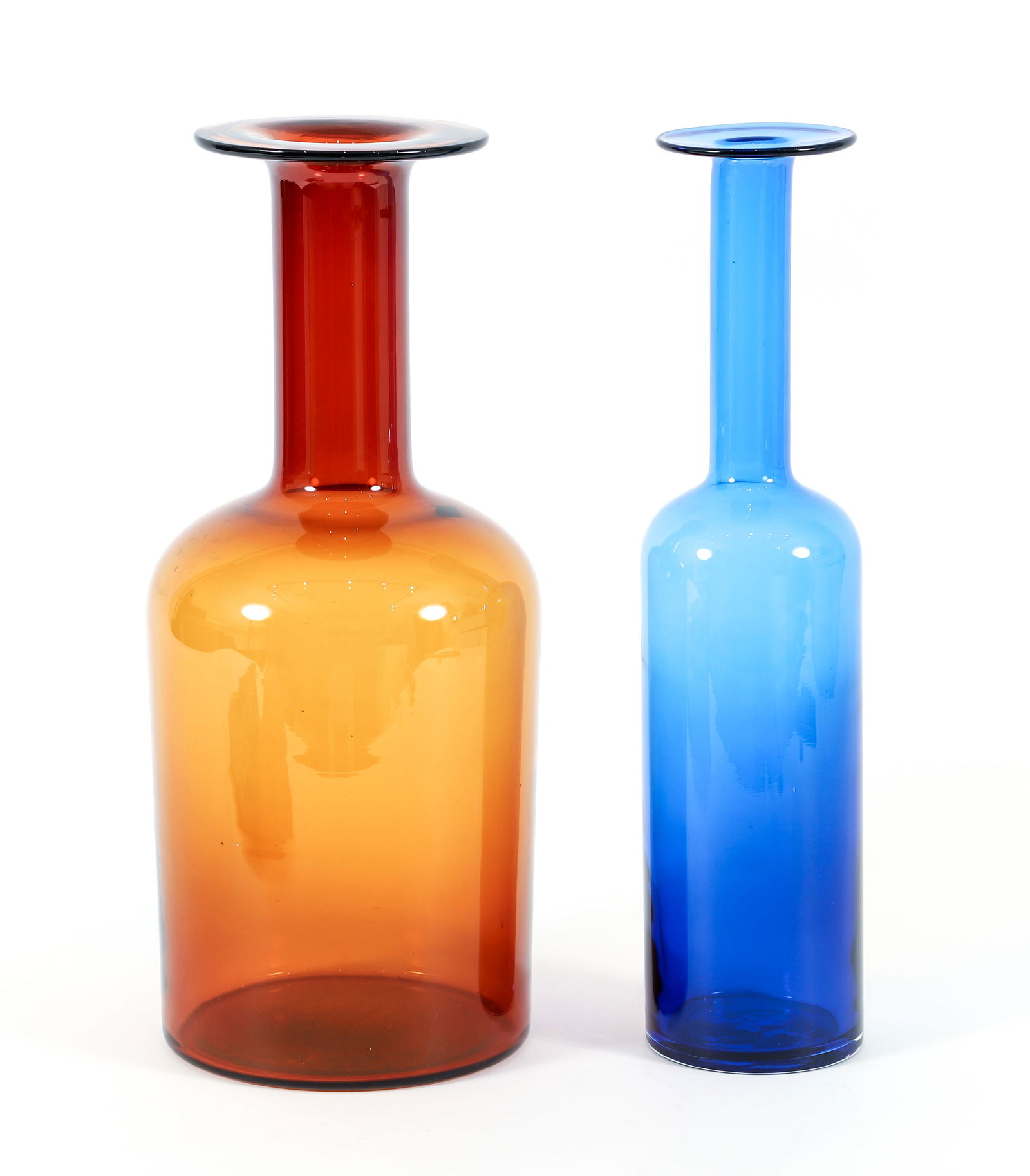 2 Large Holmegaard Style Blown Glass Bottles: 2 Large Bottles, in the Scandinavian style of Holmegaard, mid to late 20th century, blue and orange blown glass, apparently unmarked, both 16.5 inches tall.