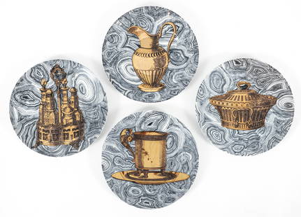 4 Fornasetti Stoviglie 10.25 inch in diameter dinner plates: Piero Fornasetti Ceramic plates with gilded decoration, Each marked Fornasetti Milano, Made in Italy 1955, Stoviglie on undersides. 10.25 inches diameter each.