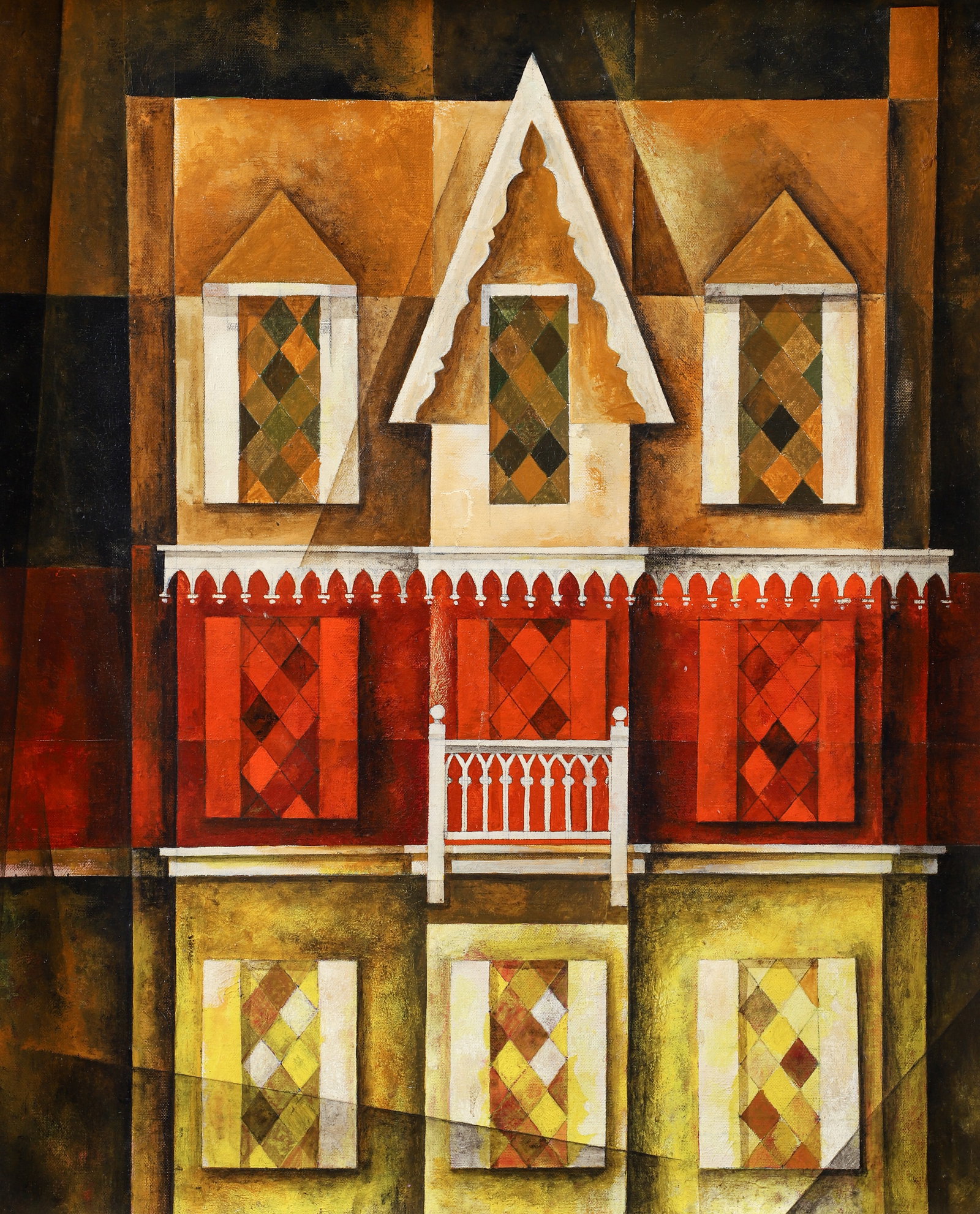 Fred Caropresi oil Cubist Building Facade: Caropresi, Fred (Frederick V.), (American Illustrator and Artist, 1921- 1985), Cubist Building Fa?ade, oil on canvasboard, 24 x 20 inches, signed lower right, framed in an artist's made frame measurin