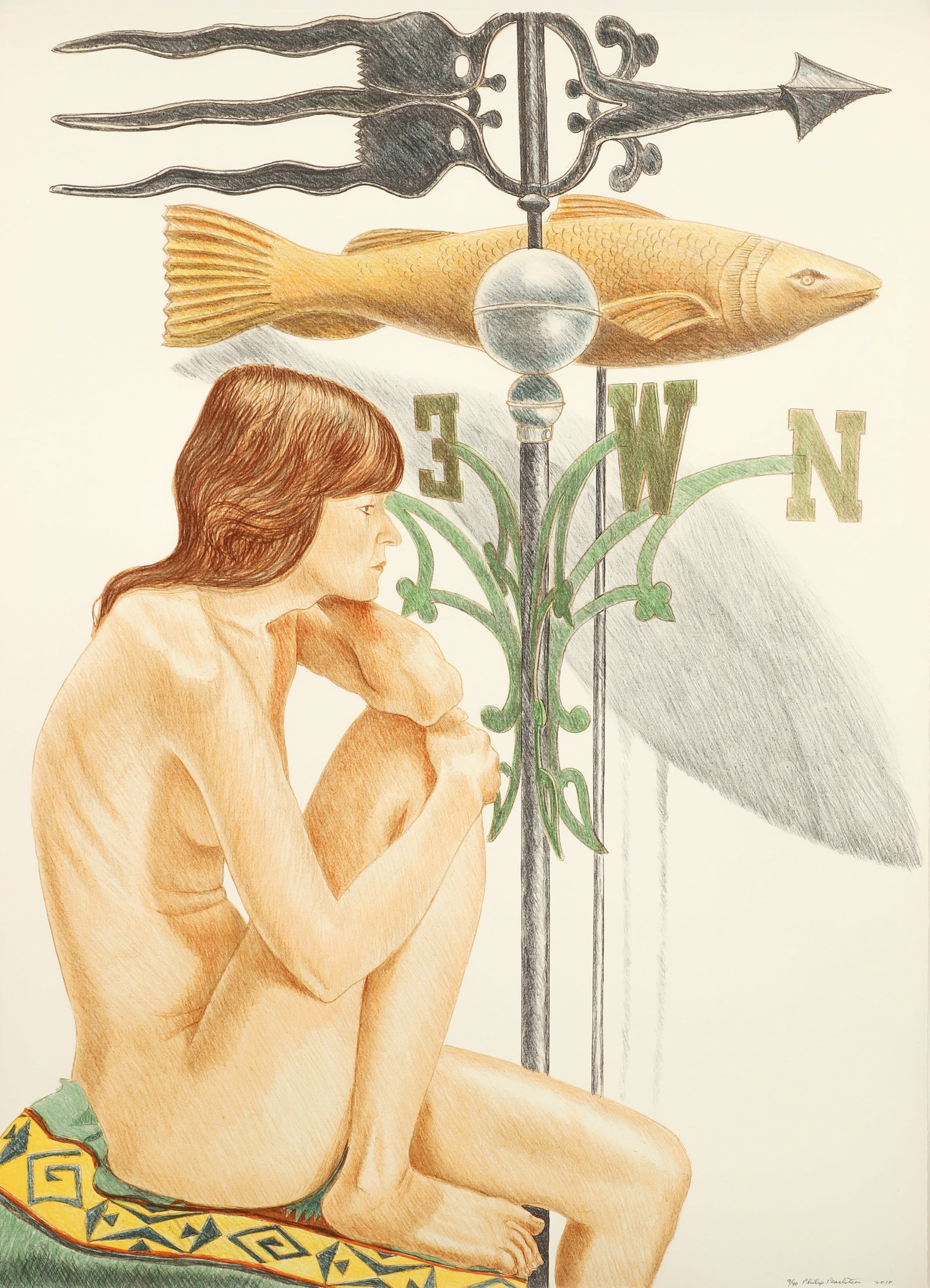 Philip Pearlstein Nude Model with Banner and Fish Weathervanes: Pearlstein, Philip (American, 1924-2022), Nude Model with Banner and Fish Weathervanes, 2010, lithograph printed in colors, 34 1/2 ? 25 inches, (87.6 ? 63.5 cm), pencil signed and numbered 9/40, frame