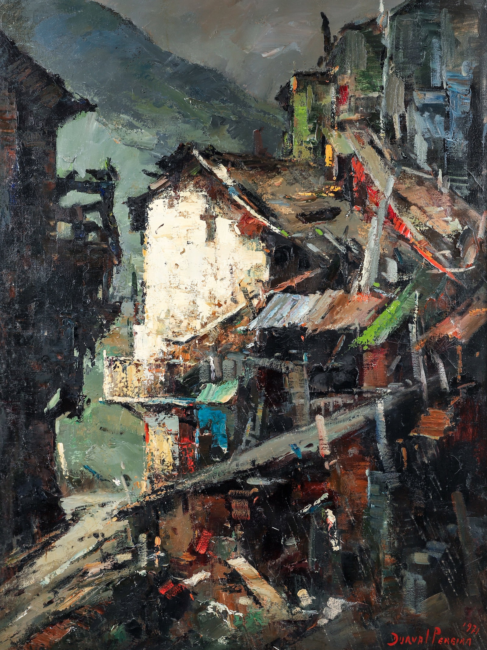 Durval Pereira Hillside Village 1971 Oil on Canvas: Pereira, Durval (Brazilian, 1917-1984), Hillside Village, 1971, oil on canvas, signed and dated lower right, 46.75 x 35 inches, in a painted white wood frame.