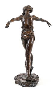 Enzo Plazzotta Nadia Nerina Arabesque Bronze Statue: Plazzotta, Enzo (1921-1981), Nadia Nerina - Arabesque a Terra II, undated, 1967, bronze statue, stamped Plazzotta and numbered 9/12, height 27 inches, width 17.5 inches from hand to hand. Provenance: