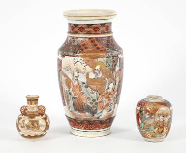 3 Japanese Satsuma Vases Meiji Period and Later: Group of 3 Japanese Satsuma vases, depicting figural scenes and patterned in polychrome and gilt enamels. One of bottle form with fan form handles 3.75 x 3 x 3 inches, one of ovoid form 3.75 x 3 x 3 i