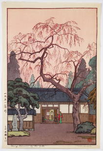 Toshi Yoshida Signed woodblock Cherry Blossoms by The Gate: Yoshida, Toshi (Japanese, 1911-1995), Cherry Blossoms by The Gate, 1951, this one likely printed a decade or two later, color woodblock print on paper, signed in pencil lower right, with stamped title