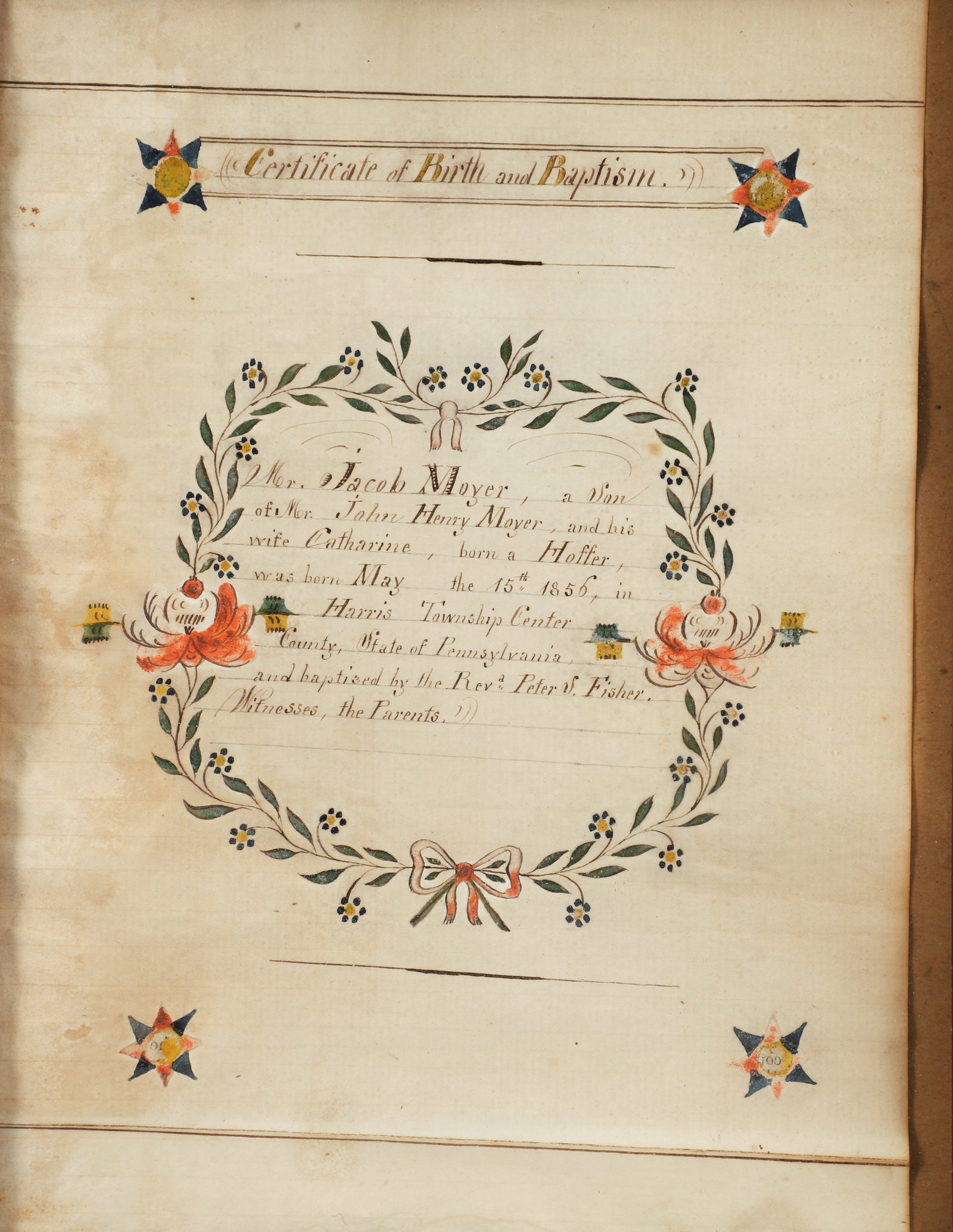 Jacab Moyer Birth and Baptismal Certificate May 15, 1856 (1 of 2)