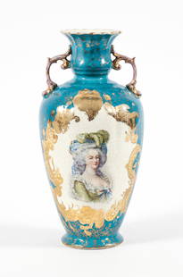 Sevres Style Marie Antoinette Le Brun Vase: Sevres style handled vase. Gilt transfer over teal ground with polychrome painted portrait of Marie Antoinette at one side. Titled "Marie Antoinette" and signed "Le Brun" below portrait. Gilt circle a