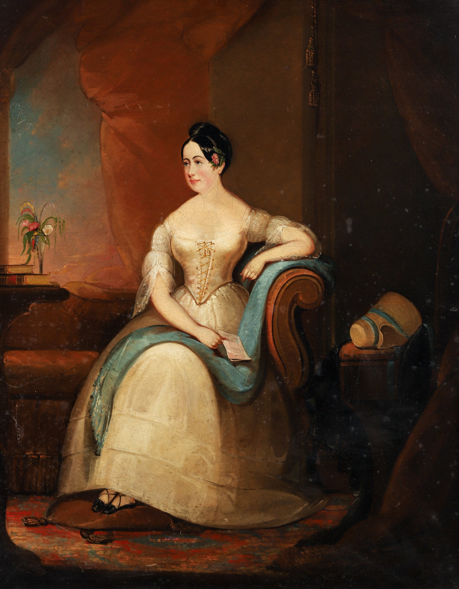 19th Century American School Oil The Letter: Mid 19th Century American Naive School, The Letter, oil on canvas. Depicting a well dressed woman sits in a nicely decorated interior after having just read a letter. 34 x 27 inches.