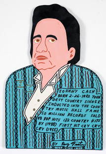 Roy Finster Mixed Media on Board Johnny Cash: Finster, Roy (American/Georgia, 1941-2021), Johnny Cash, August 17, 1994, paint, marker, and gold glitter on shaped board, depicting musician Johnny Cash along with a brief description of his life and