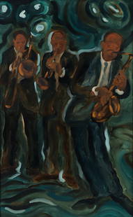 Gregory Kiger 1973 Oil Jazzman: Kiger, Gregory (20th Century American, New Orleans), Jazzmen, Brass Section, 1972, oil on board, 48 x 30 inches, signed and dated lower left, framed with black wood frame measuring 51 x 33 inches, Pro