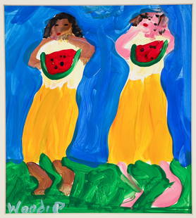 Woodie Long painting Two Girls with Watermelon: Long, Woodie (American/Alabama/Florida, 1942 - 2009), Two Girls with Watermelon, oil on paper, 9.5 x 8.25 inches, signed lower left, Provenance: Virginia Freeman Gallery, Destin Florida, unframed.