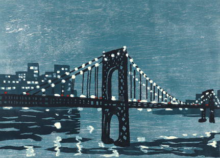 Richard Bosman 1997 color woodcut Bridges II: Bosman, Richard (Australian/American, born 1944), Bridges II, 1997, color woodcut, 18 x 25 inches, pencil signed and numbered 24/50, unframed.