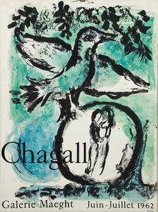 Marc Chagall The Green Bird Lithograph Poster 1962: Chagall, Marc (Russian-French, 1887-1985), The Green Bird, 1962, original lithograph, sheet 28 x 21 inches (sight size), frame 29 x 22 inches. Exhibition Poster for Galerie Maeght printed by Mourlot.