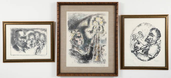 3 Chaim Gross Orig. Lithos Musicians, Blessing the Candles: Gross, Chaim (Austrian/American 1904-1991), Titles: Musicians #2 , Blessing the Candles, Lighting Chanukah Candles, Date: circa 1965, lithograph printed in color, two in black ink only, Dimensions: 23