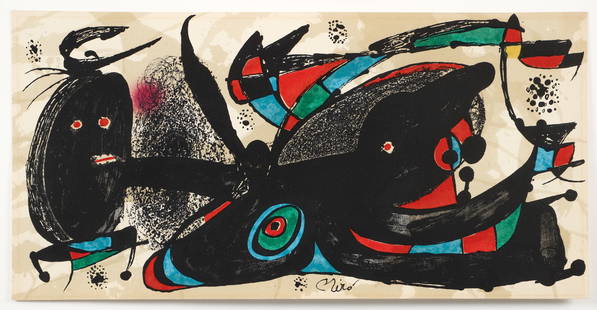 Joan Miro Color Lithograph from Escultor Suite: Miro, Joan, Print from Escultor Suite, 1974, color lithograph, signed in the plate, sheet 7.5 x 15.5 inches, floated in a frame 13 x 20.5 inches, printed by Mourlot and published by Ediciones Poligraf