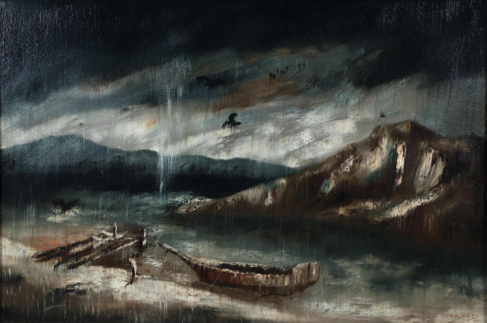 Charles Obas Orage Menacant Oil on Canvas 1965: Obas, Charles (Haitian, 1927-1969), Orage Menacant [Threatening Thunderstorm], 1965, oil on canvas, relined, signed and dated lower right, 24 x 36 inches, in a carved folk art wood frame 28 x 40.5 inc