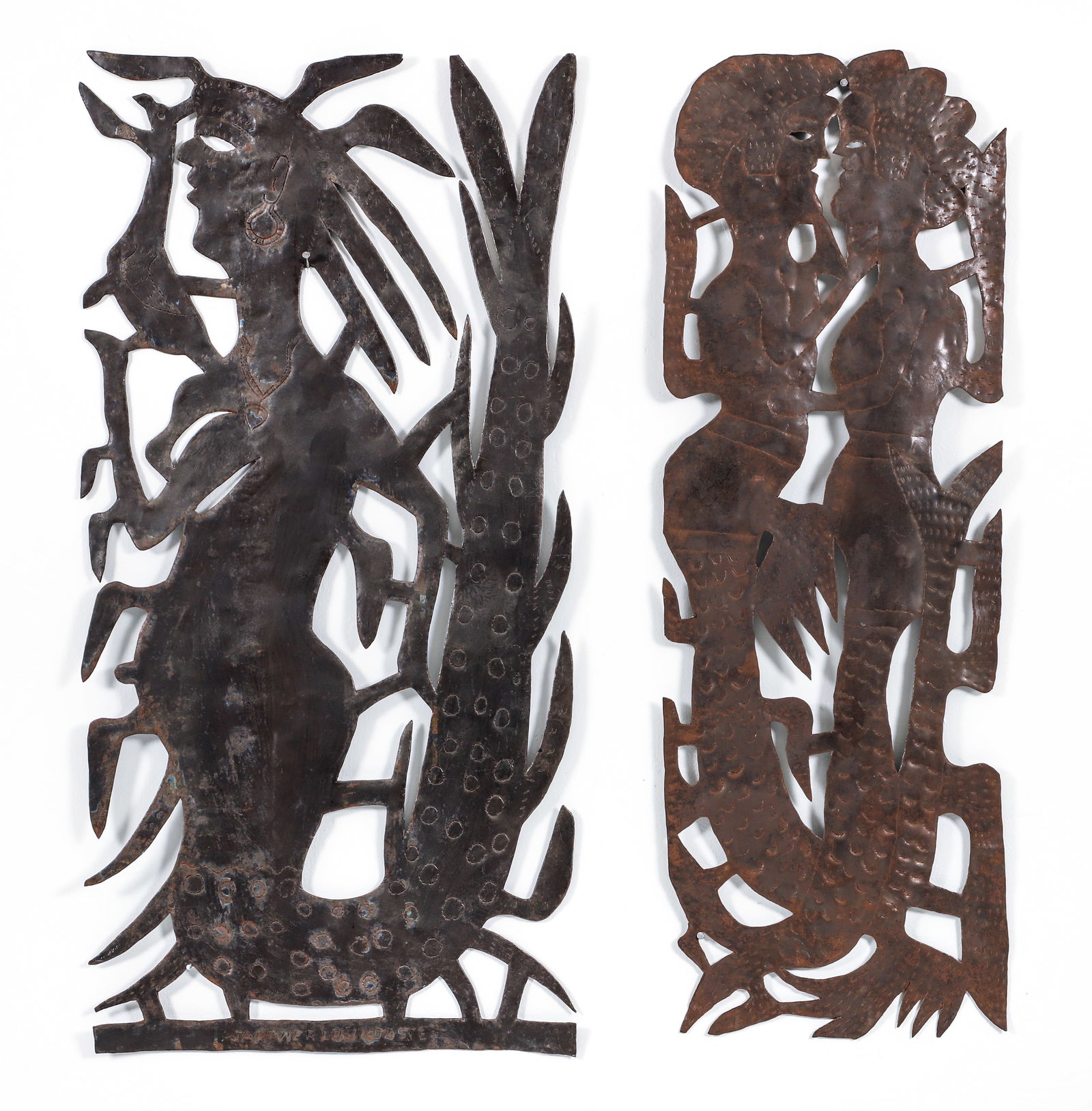 Pair of Janvier Louis-Juste Steel Oil Drum Sculptures: Louis-Juste (Louisjuste), Janvier (Haitian, contemporary), Pair of Cut Out Oil Drum Sculptures, late 20th century, one with the artist's name at the bottom, codes 177 and 494 on the backs, larger piec