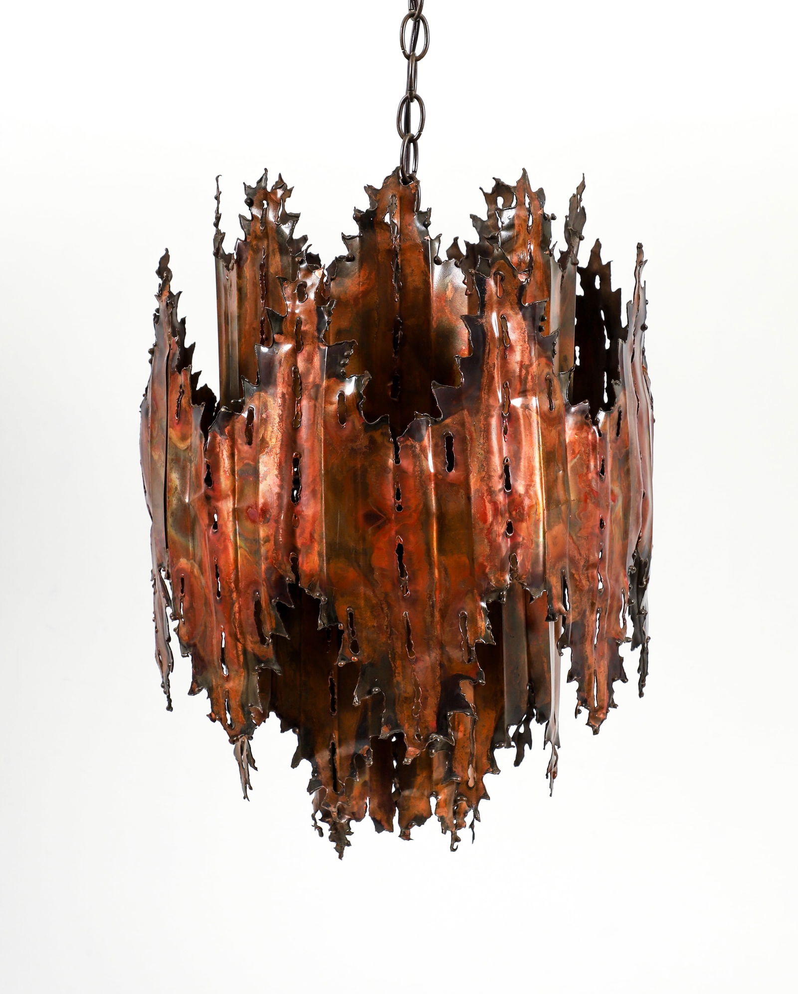 Attr. Tom Greene for Feldman Brutalist Chandelier: Attributed to Tom Greene for Feldman Lighting Company Brutalist chandelier. A four tier three light chandelier attributed to the American artist Tom Greene, who designed for Feldman lighting as well a
