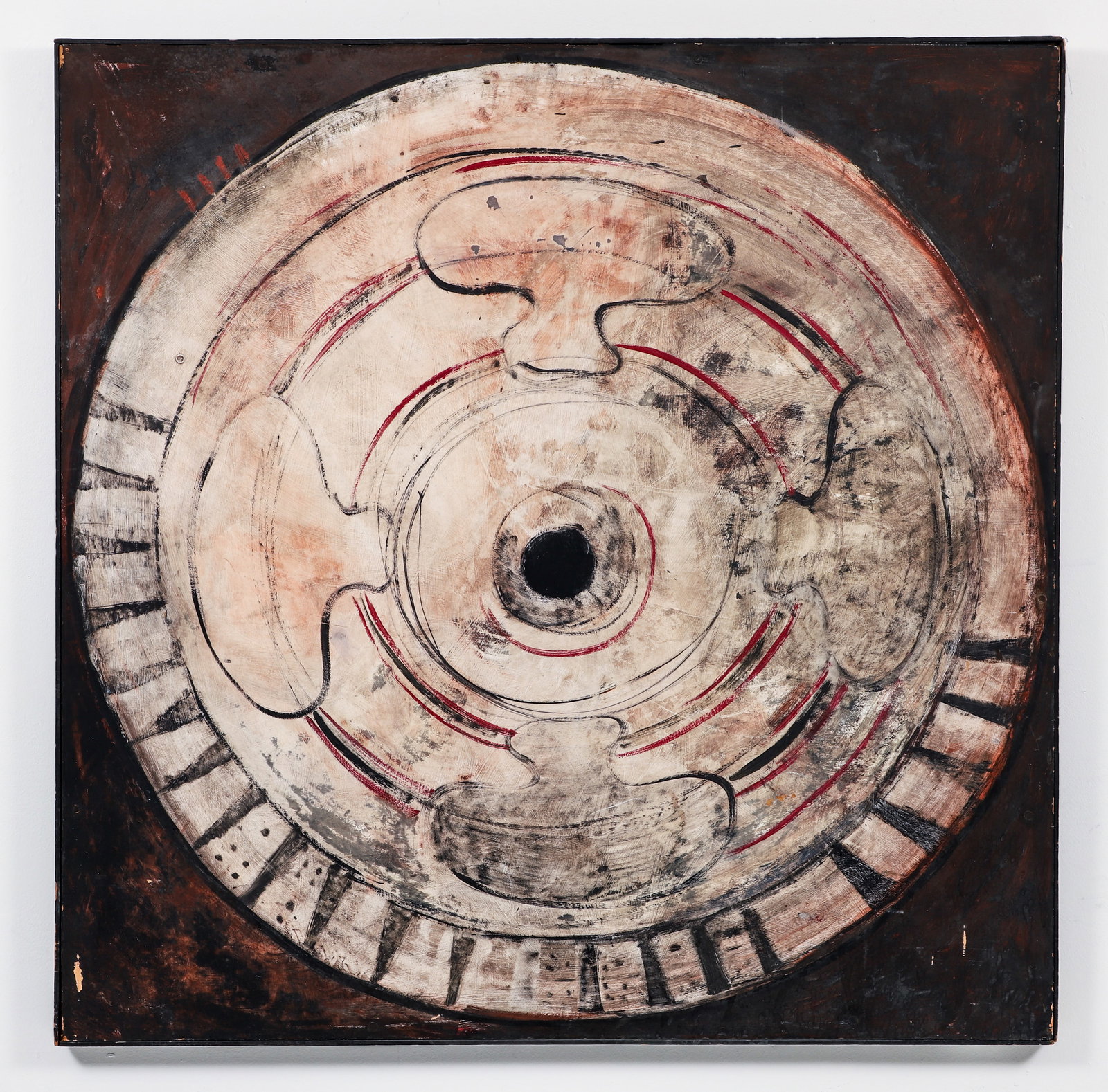 Louise Pershing Abstracted Eyeball Oil on Masonite: Pershing, Louise (American/Western PA, 1904-1986), Abstracted Eyeball, undated, oil on Masonite, signed upper right corner, 48 inches square, in the artist's original wood strip frame. Louise Pershing