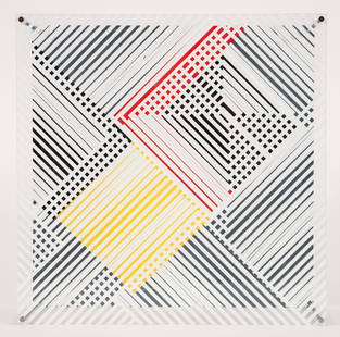 Jesus Rafael Soto Op Art Multiple Sotomagie II 1967: Soto, Jesus Rafael (Venezuelan 1923-2005), Sotomagie II, three dimensional multiple from the Sotomagie Series, 1967, color screenprint on Plexiglas, with metal connecting rods, 13.5 x 13.5 x 7 inches,