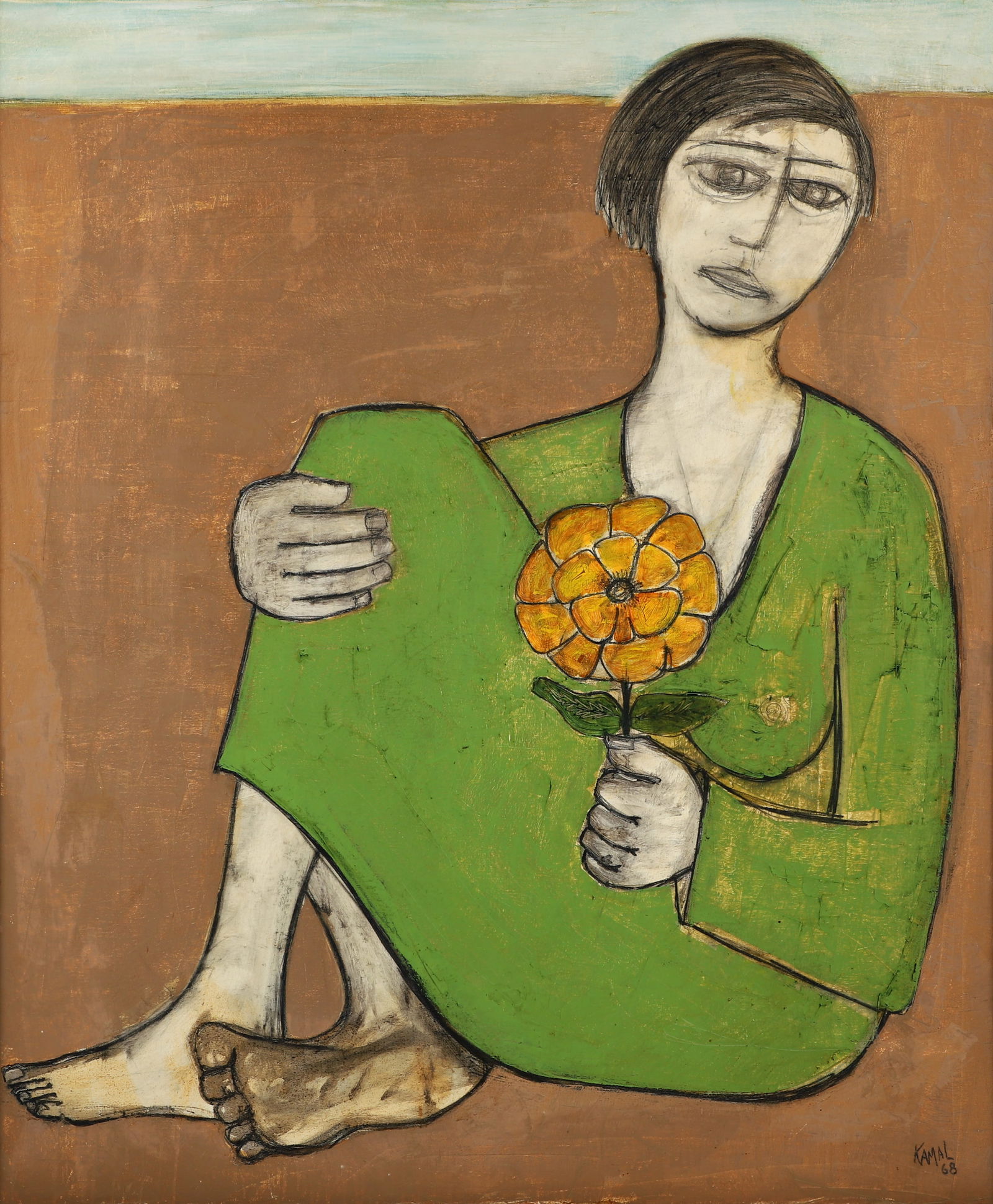 Kamal Youssef 1968 painting Seated Woman with Flower (1 of 3)