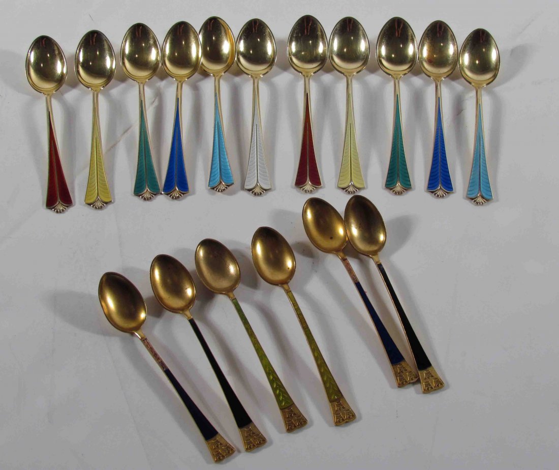 11 David Andersen Sterling & enamel demitasse spoons: Artist: Andersen, David (Norway 1843-1901) Title: 11 David Andersen sterling enameled demitasse spoons, with 6 enameled souvenir spoons made in Sweden Medium: sterling and enamel inlay Dimensions: And