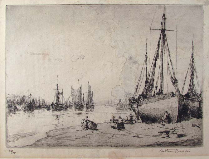 Arthur Briscoe drypoint "Low Tide, Brixham": Artist: Briscoe, Arthur ( British 1873-1943) Title: Low Tide, Brixham Date: 1927 Medium: drypoint on laid paper Dimensions: 6 3/8 x 8 5/8 inches Edition: 70/75 Signature: signed and n