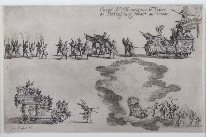 4 beautifully Framed Jacques Callot etchings: Artist: Callot, Jacques (French 1592-1635) Title: "Entrée de M. le Prince de Pfalzbourg", (L. 576, one state only) , "Entrée de son Altesee, a Pied", (L. 583 I/II), "Combat a la Barriere", (L.581, o
