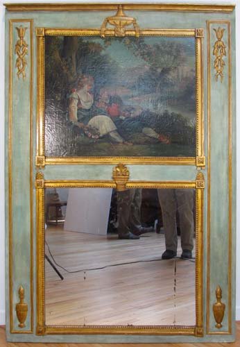 Mirrored French Rococo Style Wall Panel: Title: Mirrored French Rococo Style Wall Panel with gilded relief and inset painting and mirror Medium: painted wood and mirror Dimensions: 68.75 x 47 inches (overall) 24.5 x 31 inches ( painting) Pro