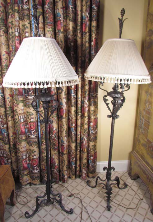 Pair Wrought Iron Standing Lamps: Title: Pair Wrought Iron Standing Lamps with Cork Screw Finials Medium: wrought iron Dimensions: height to finial: 66 inches