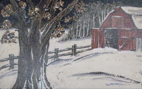 Roderick Mackenzie watercolor and ink Farm Scene ": Artist: Mackenzie, Roderick Dempster (American, Alabama 1865-1941) Title: Snowbound Date: circa 1925 Medium: gouache, watercolor and ink on paper Dimensions: 8.75 x 13.75 inches Signature: sig