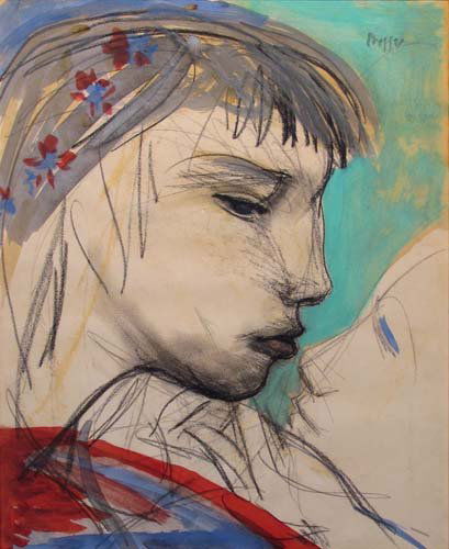 Josef Presser Drawing: Artist: Presser, Josef (American, 1907-1967) Title: Embracing Couple Medium: Gouache and charcoal on paper Dimensions: 16.5 x 13.5 inches Signature: signed Presser upper right Provenance: Skinn