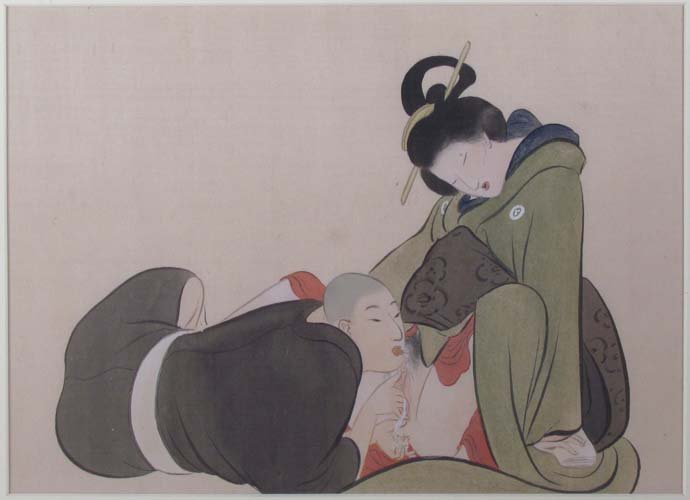 Erotic Pair of Japanese, late 19th Century Shunga : Artist: Late 19th Century Japanese Erotic School Title: Erotic Scenes Date: late 19th or possibly Early 20th Century Medium: watercolor and mixed media on silk Dimensions: 9.75 x 13.25 inches (sight s