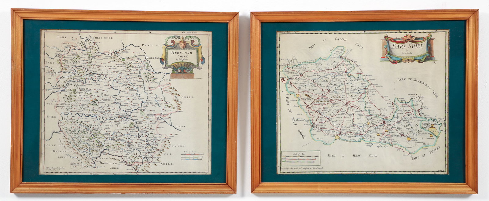 Pair of Robert Morden Antique Maps Herefordshire Barkshire: Morden, Robert, Pair of Hand Colored Antique Maps: Hereford Shite [Herefordshire] and Bark Shire [Barkshire], printed for Abel Swale [Swall] and John Churchill, 14 x 16.5 inches, uniformly matted and