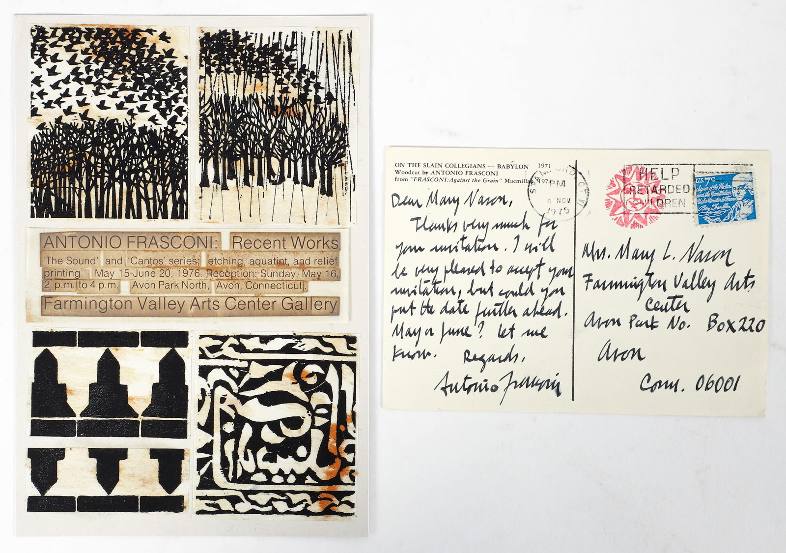 Antonio Frasconi Original Mock Up and signed postcard 1976 (1 of 2)