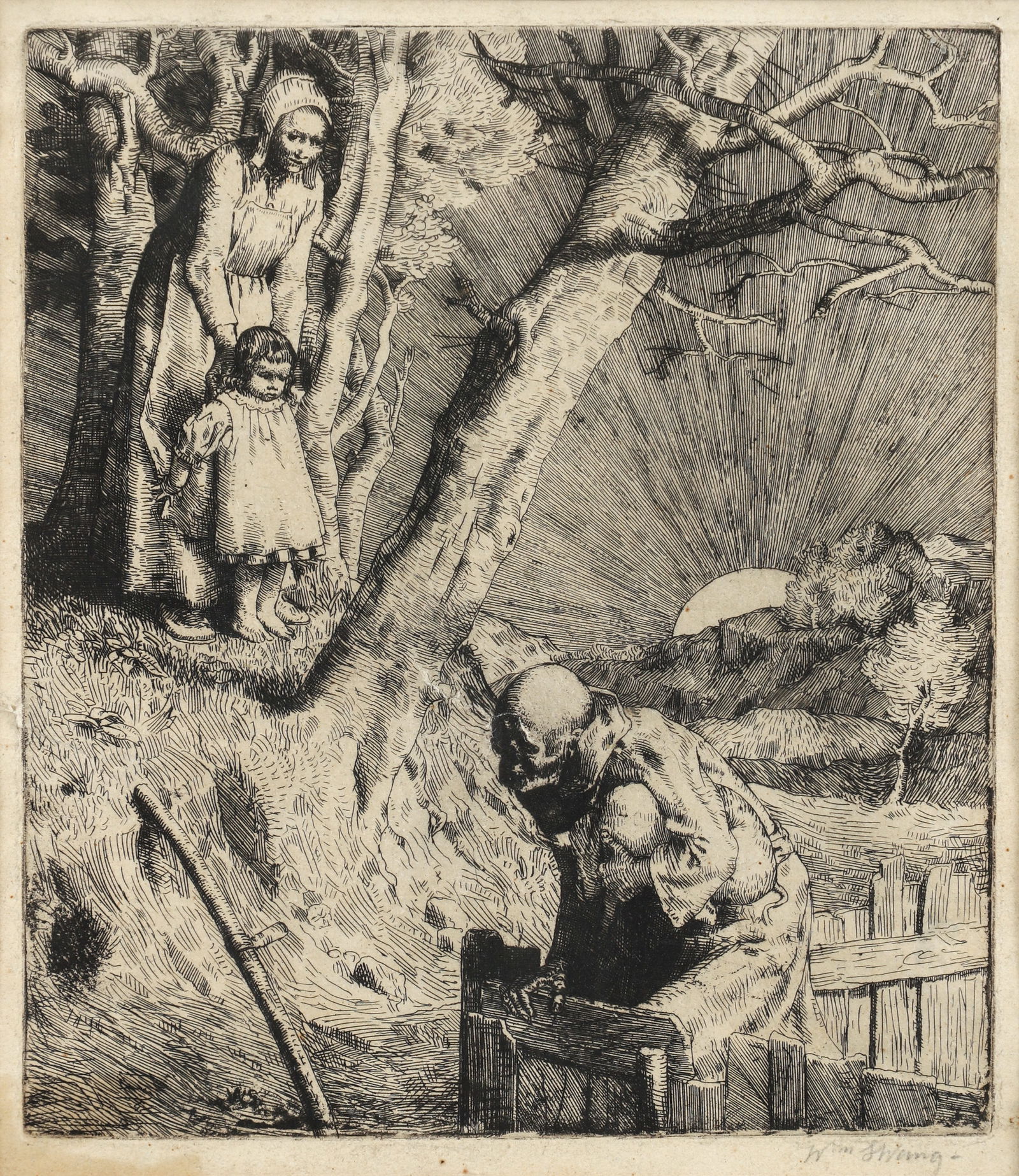 William Strang Signed Etching from Death and Ploughman: Strang, William (British, 1859-1921), He Was Imprisoned Fast - from Death and the Ploughman's Wife, 1888, etching on paper, from the edition of 110, signed in pencil lower right, impression 8 x 7 inch