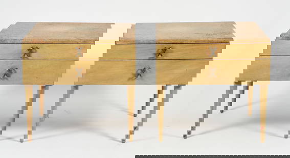 Pair of Paul Frankl 2 drawer side tables for Johnson Furniture: Pair of Paul Frankl 2 drawer side tables for Johnson Furniture with Corkboard tops and graduated drawers with interesting X pulls, 23 x 24 x 24 inches,