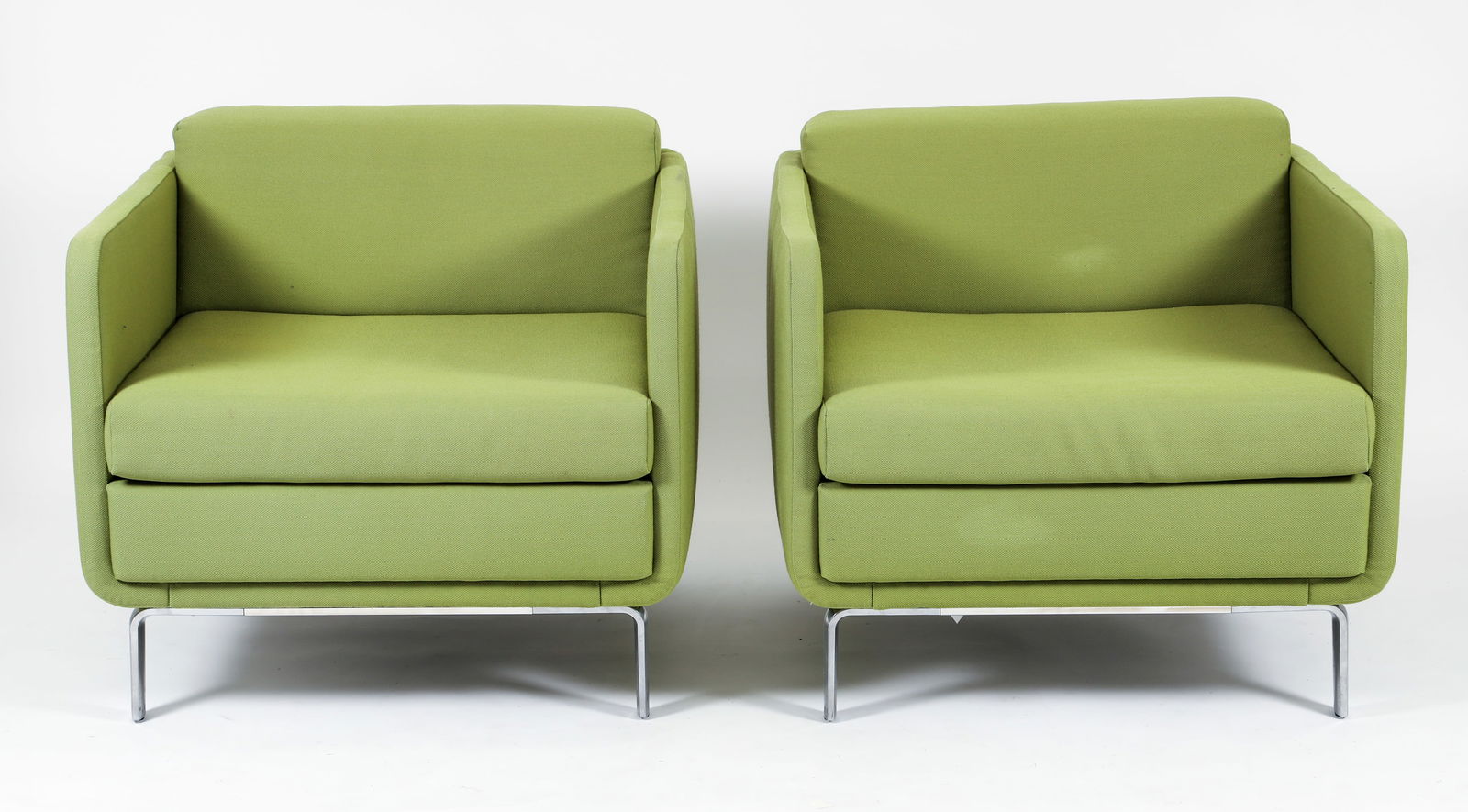 Pair of Bernhardt Design Chartreuse Club Chairs: A pair of Arik Levy Art & Design Studio for Bernhardt Design Gaia club chairs, American, contemporary. Squared club chairs fully upholstered in chartreuse, resting on a polished aluminum frame and leg