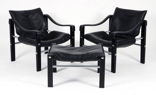 Pair Maurice Burke for Arkana Lounge Chairs with Ottoman: Pair of Maurice Burke for Arkana Safari Lounge Chairs with one ottoman, English, early 21st century. In black leather, sling seats, ebonized frame elements, tubular chrome stretchers. Undersides