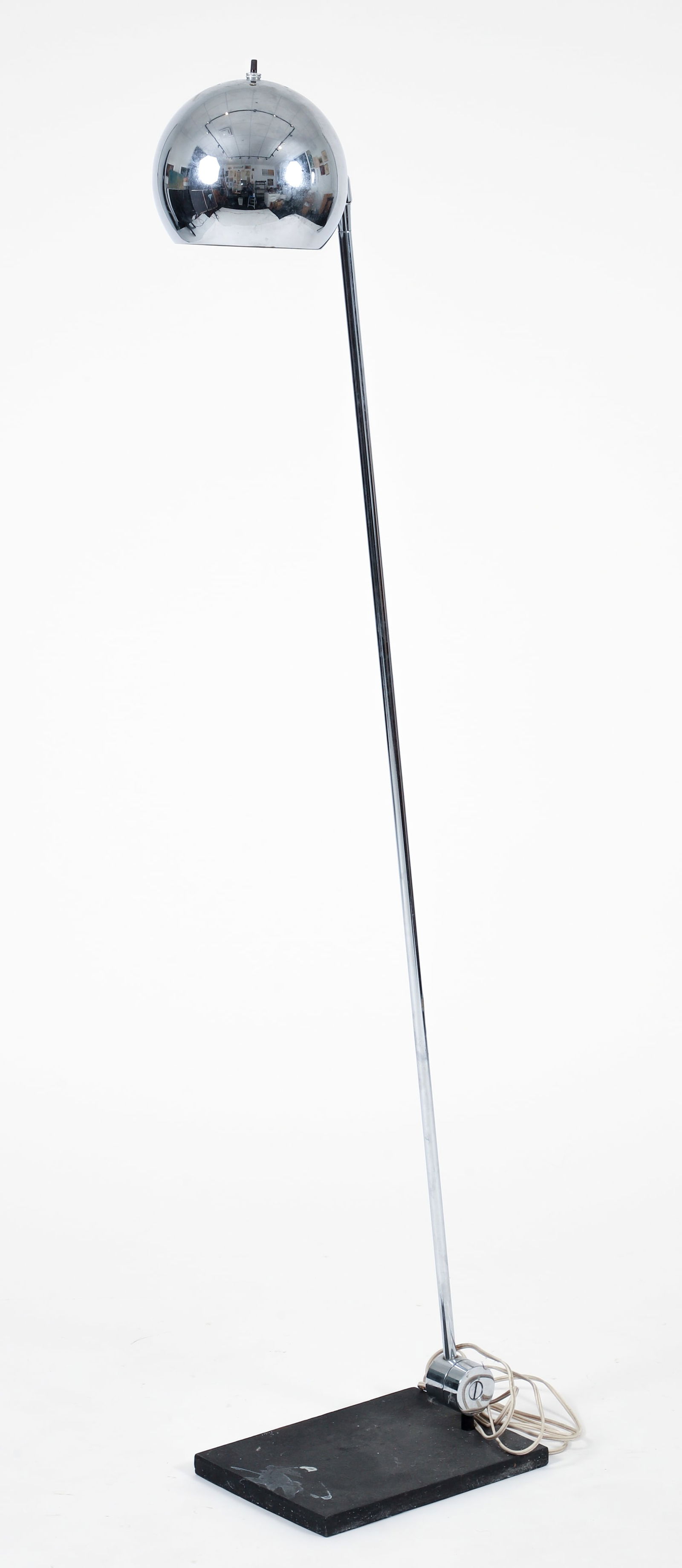Robert Sonneman for George Kovacs Chrome Floor Lamp: Robert Sonneman for George Kovacs modernist chrome adjustable floor lamp, American, 1960s - 1970s. Chrome orb form shade, adjustable canted chrome tube stem attached to a rectangular black iron base.