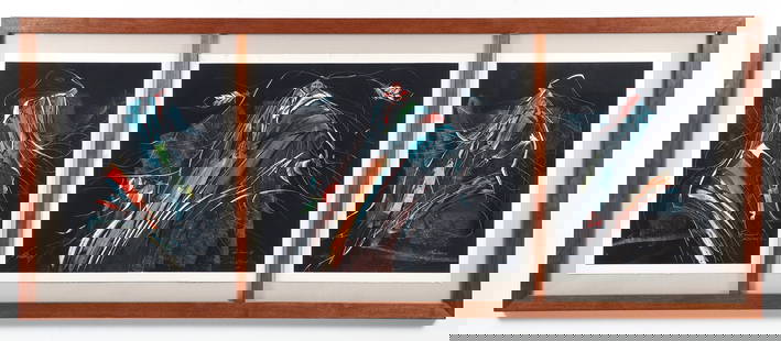 Frank Howell Monotype Triptych Rainbow I, II, III C. 1990: Howell, Frank (Lakota Sioux, American 1937-1997 ), Rainbow I, II, III, 1990, three monotypes on paper. Each signed, dated, and titled at lower edges. Howell was born in Sioux City, Iowa in 1937 and wa