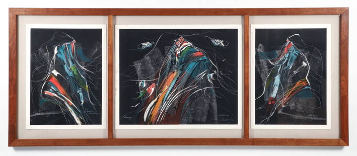 Frank Howell Monotype Triptych Rainbow I, II, III C. 1990: Howell, Frank (Lakota Sioux, American 1937-1997 ), Rainbow I, II, III, 1990, three monotypes on paper. Each signed, dated, and titled at lower edges. Howell was born in Sioux City, Iowa in 1937 and wa