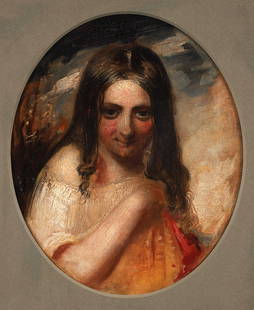 Attrib. William Etty oil Sheepish Young Girl: Etty, Attributed to William (English, 1787-1849), Portrait of a Sheepish Young Girl, oil on canvas, 11 x 9 inches, (oval format),framed in a gilded wood frame measuring 19 x 16 inches, Provenance: Gra