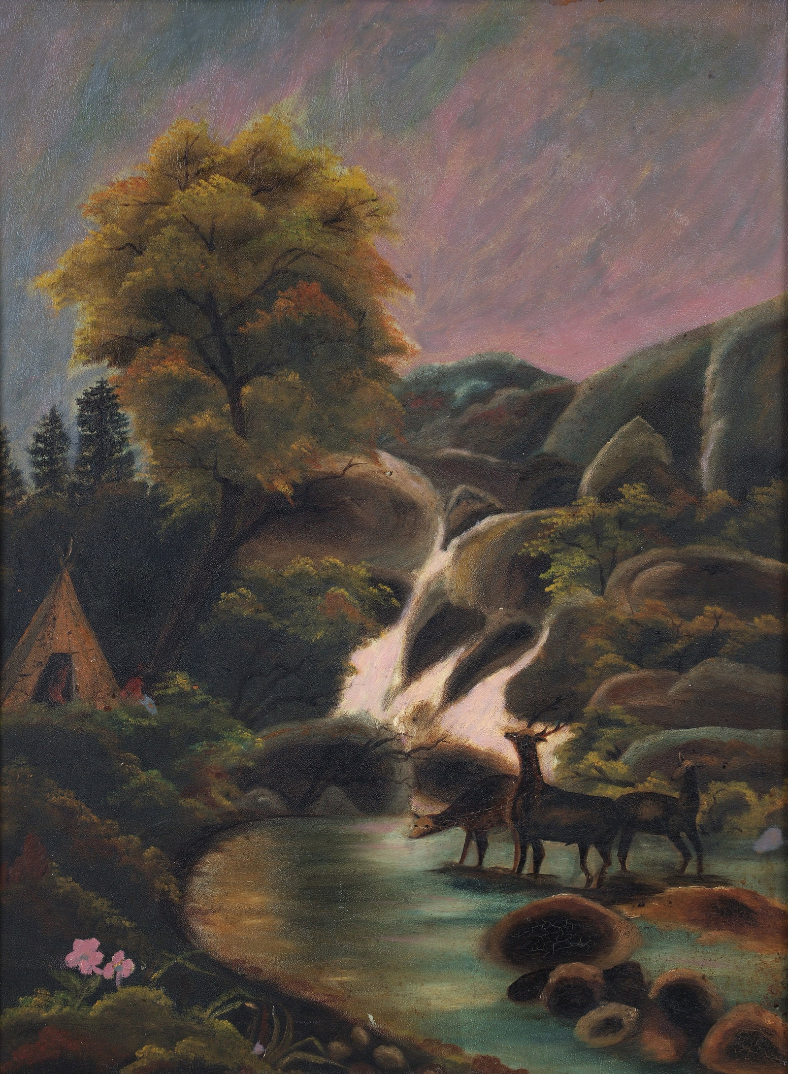 20th Century Naive School Deer in a Waterfall Landscape: 20th Century Canadian Naive School, Deer at a Waterfall Near a Teepee, oil on artist's board, 24 x 18 inches, framed in a painted frame measuring 28 x 22 inches