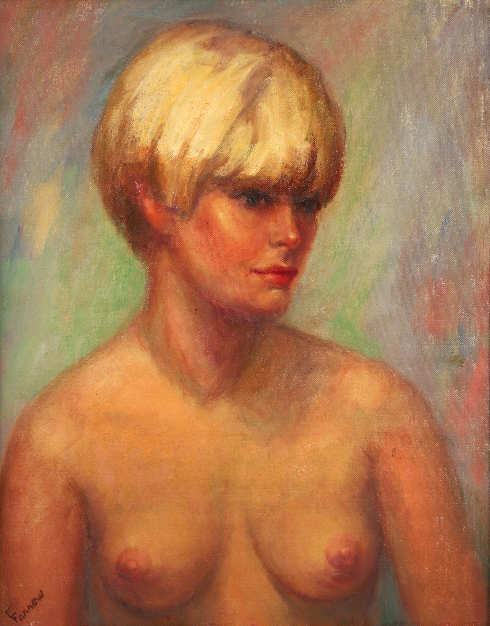 E.J. Farrow Oil on Canvas Board Bust of a Woman: Mid 20th century bust portrait, oil on canvas board, depicting a nude blonde woman, signed E.J. Farrow at lower left and again verso. Canvas board 20 x 16 inches, in period appropriate wooden frame 25