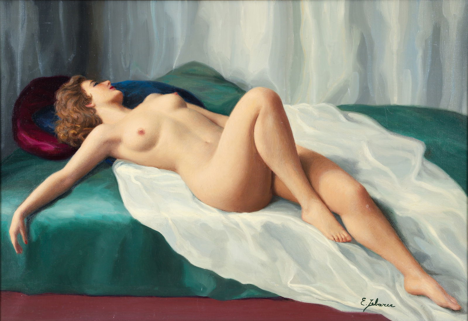 Reclining Nude in Studio: 20th Century School, Reclining Nude, oil on canvas, 20 x 29 inches, signed indistinctly lower right, framed measuring 24 x 33 inches