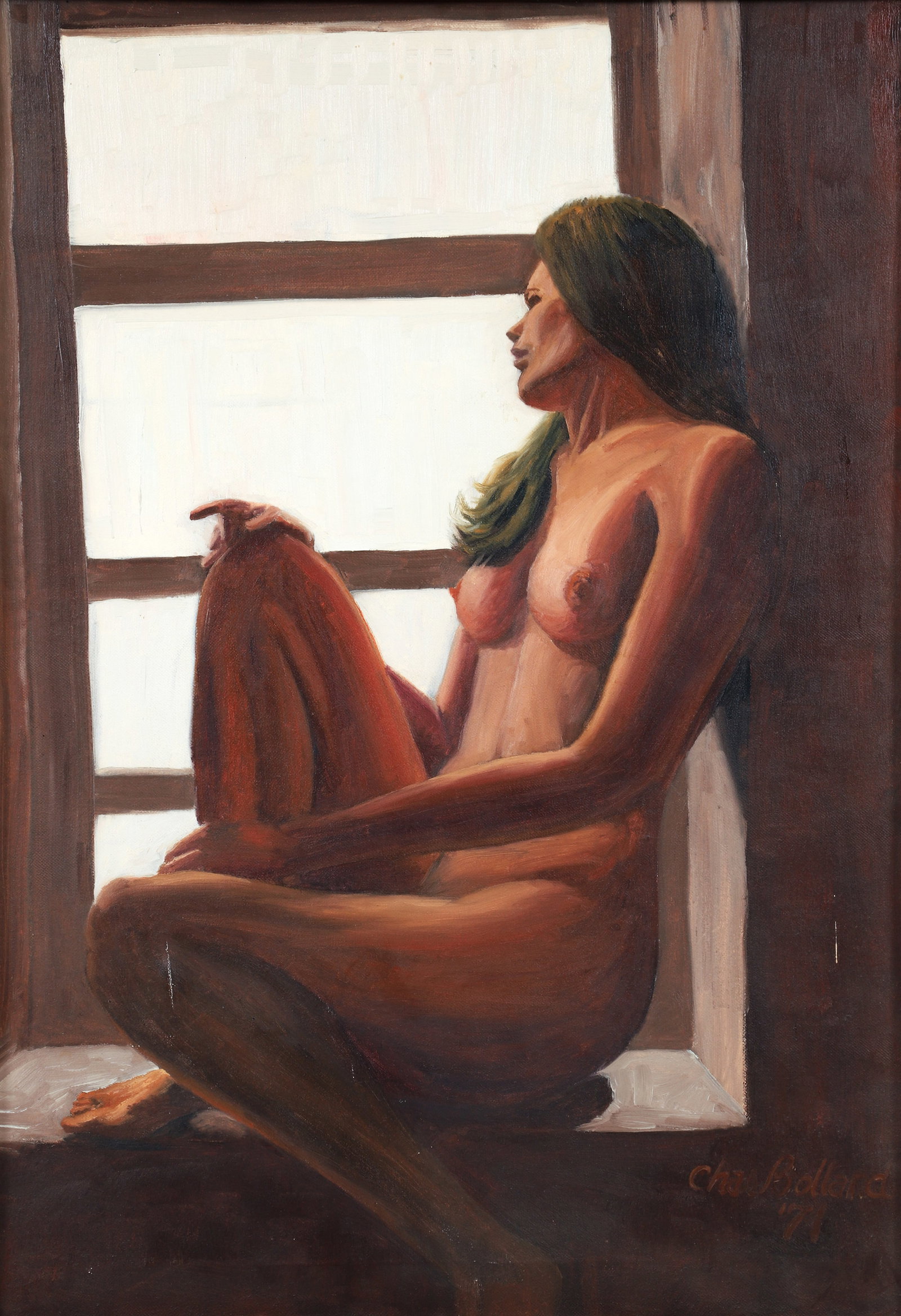 Charles Bollard 1971 oil Nude on Window Seat: Bollard, Charles (20th Century American School), Nude on Window Seat, 1971, oil on canvas, 27.5 x 19.5, signed and dated lower right, framed measuring 34 x 25.5 inches