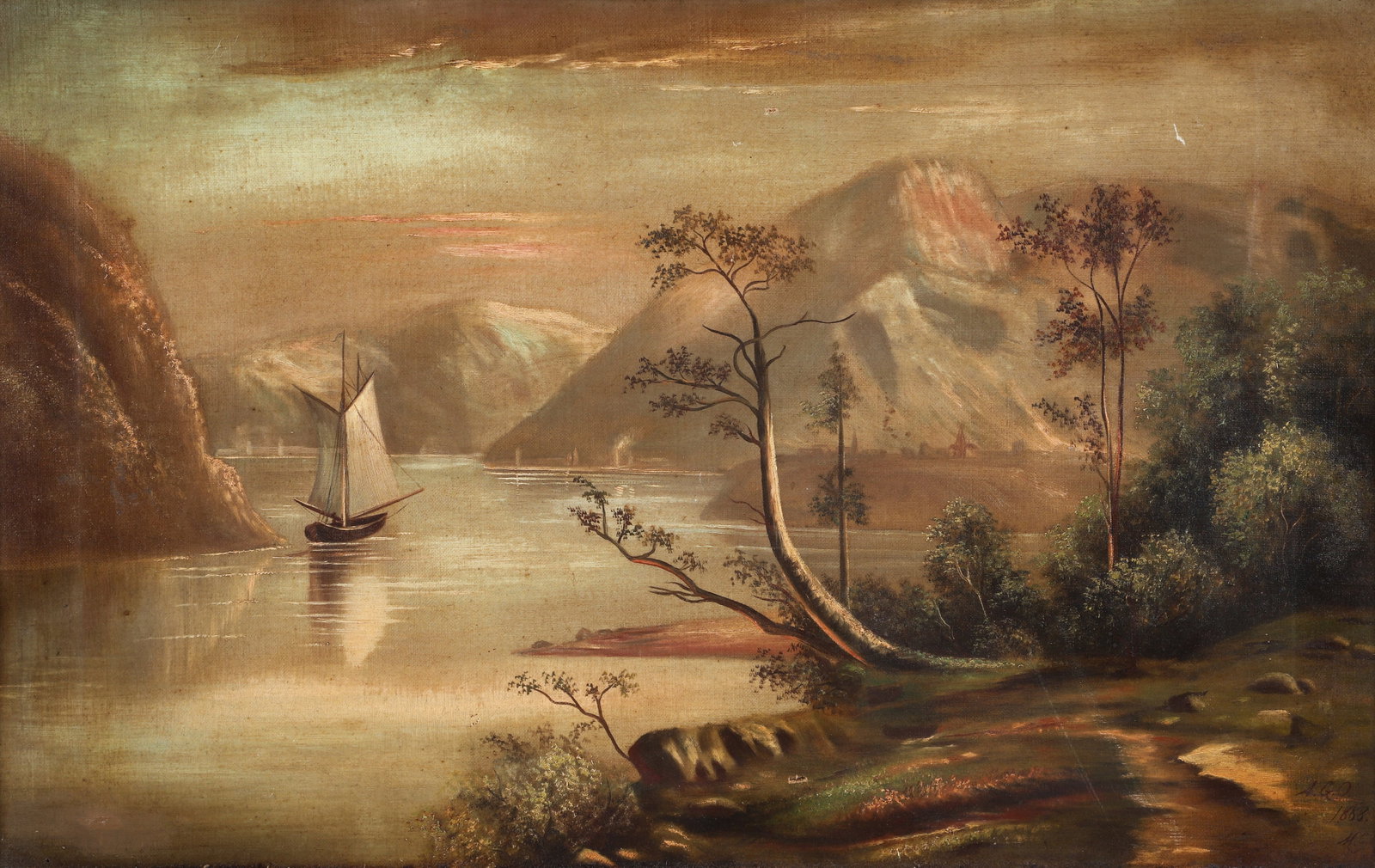 Hudson River Oil on Canvas 1888: Palisades of the Hudson, oil on canvas, 1888. Depicting a sailboat on the Hudson River with mountainous background. Initialed A.G.O., dated, and indiscriminately initialed again at lower right. Canvas