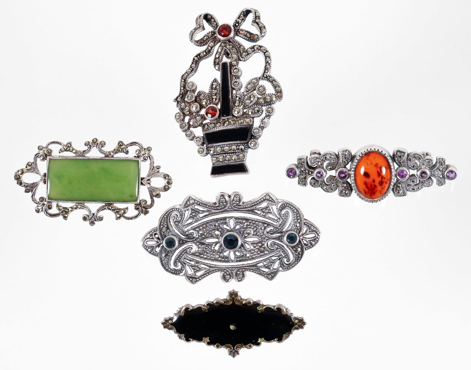 5 Vintage Silver Marcasite Brooches (1 of 3)