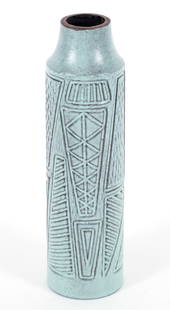 MCM Vase MARI SIMMULSON for Upsala Ekeby Sweden: Mid century modern vase with geometric relief vase by Mari Simmulson, ca. 1950. 10.75 inches tall, with incised pottery marks on underside.
